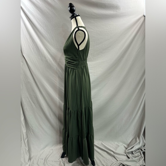 Boho V-Neck Pleated Waist Dress Army Green - Picture 8 of 9